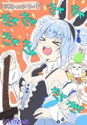 &gt;_&lt; 1girl :d black_leotard black_necktie blue_hair breasts center_frills cleavage closed_eyes commentary_request detached_sleeves double_bun facing_viewer frills hair_bun hand_on_hilt hand_on_own_hip hand_up highres hololive kiritoma leotard medium_breasts necktie open_mouth orange_background outline puffy_short_sleeves puffy_sleeves short_eyebrows short_necktie short_sleeves signature smile sword thick_eyebrows translation_request usada_pekora usada_pekora_(furi_furi_bunny_dress) virtual_youtuber weapon white_outline white_sleeves wrist_cuffs xd