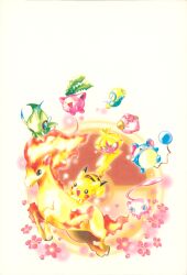 absurdres black_eyes blue_eyes celebi cleffa closed_eyes commentary creature creature_focus dunsparce english_commentary fire flower flying full_body gen_1_pokemon gen_2_pokemon happy highres hoppip jumping legendary_pokemon marill mew_(pokemon) mythical_pokemon nintendo nishida_atsuko no_humans official_art open_mouth pikachu pink_flower poke_ball pokemon pokemon_(creature) rapidash scan smile smoochum yellow_eyes