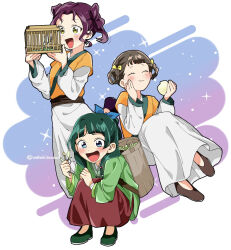Rule 34 | 3girls, aoqun, beads, blunt bangs, blush, bow, braid, braided hair rings, braided twintails, bug, cage, chinese clothes, closed eyes, closed mouth, curly sidelocks, eating, food, foraging, freckles, furrowed brow, green hair, green hanfu, green robe, hair beads, hair bow, hair ornament, hair over shoulder, hair rings, hand on own face, hanfu, happy, highres, holding, holding food, insect, kusuriya no hitorigoto, maomao (kusuriya no hitorigoto), moth, multiple girls, open mouth, orange hanfu, purple eyes, red skirt, robe, shisui (kusuriya no hitorigoto), shoes, sidelocks, simple background, skirt, sparkle, squatting, standing, standing on one leg, steamed bun, white skirt, xiaolan (kusuriya no hitorigoto), yamayama (oekakisansan), yellow eyes