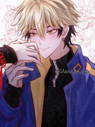 1boy black_hair black_shirt blonde_hair blue_jacket blush bracelet earrings eyebrow_piercing floral_background flower hair_between_eyes hand_on_another&#039;s_face hand_on_another&#039;s_hand hand_up jacket jewelry long_sleeves looking_at_another male_focus multicolored_hair out_of_frame piercing shiguang_dailiren shirt short_hair sleeves_past_wrists smile solo_focus tassel turtleneck twitter_username two-tone_hair upper_body xia_fei xiao_weiying yaoi yellow_eyes yuxianchen zipper