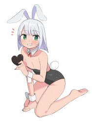 1girl animal_ears bare_legs bare_shoulders barefoot black_leotard breasts candy chocolate chocolate_heart collarbone detached_collar food green_eyes grin heart highres kneeling leotard looking_at_viewer original pantyhose playboy_bunny rabbit_ears rabbit_girl rabbit_tail saiste see-through_clothes see-through_legwear short_hair silver_hair simple_background small_breasts smile solo tail white_background wrist_cuffs