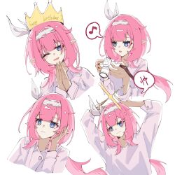 Rule 34 | 1girl, ;d, arms up, blue eyes, blush, camera, collared shirt, commentary request, crown, dress shirt, eighth note, elf, elysia (honkai impact), elysia (miss pink elf) (honkai impact), hair ribbon, hairband, happy birthday, highres, holding, holding camera, honkai (series), honkai impact 3rd, long hair, long sleeves, multiple views, musical note, one eye closed, open mouth, pink hair, pointy ears, ribbon, rio (user kzxp8757), shirt, simple background, smile, spoken musical note, translation request, very long hair, white background, white hairband, white ribbon, white shirt