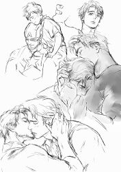 2boys aged_down avengers_(series) blush bodysuit captain_america child closed_eyes closed_mouth collared_shirt covered_mouth crying evolution facial_hair greyscale hand_on_another&#039;s_head helmet highres holding_another&#039;s_wrist hug kiss kissing_cheek male_focus malkogromit marvel monochrome multiple_boys multiple_views open_mouth shirt short_hair short_sleeves shorts simple_background sitting smile star_(symbol) steve_rogers superhero_costume t-shirt teeth tony_stark upper_body yaoi