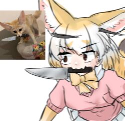 1girl animal_ear_fluff animal_ears blonde_hair bow bowtie brown_eyes commentary creature_and_personification extra_ears fangs fennec_(kemono_friends) fennec_fox fox_ears fox_girl fox_tail hashtag-only_commentary highres kemono_friends kitchen_knife knife_in_mouth motion_blur mouth_hold multicolored_hair personification photo-referenced pink_shirt reference_inset rexeig shirt short_hair short_sleeves simple_background skin_fangs solo tail two-tone_hair white_background white_hair yellow_bow yellow_bowtie
