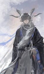 1boy absurdres ahoge alternate_costume animal_ears arknights bead_necklace beads black_coat black_hair blue_eyes chinese_commentary chunbuchou coat commentary_request cowboy_shot expressionless fur-trimmed_coat fur_trim grey_background grey_shirt hair_over_one_eye half-closed_eyes highres horns jewelry large_horns lessing_(arknights) long_sleeves looking_at_viewer male_focus mandarin_collar multiple_necklaces necklace one_eye_covered shirt solo straight-on swept_bangs tibetan_clothes