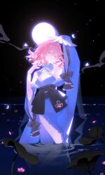 1girl absurdres adapted_costume arm_up black_bow black_sash blue_dress blue_sleeves bow cleavage_cutout clothing_cutout commentary detached_sleeves dress folding_fan full_moon hand_fan hand_up highres holding holding_fan lai_dou_laile_555 medium_hair moon night obi outdoors pink_eyes pink_hair saigyouji_yuyuko sash sleeveless sleeveless_dress solo striped_bow touhou wide_sleeves