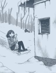 1girl bare_tree blazer bolo_tie building crosshatching hamsterfragment hatching_(texture) icicle jacket jaggy_lines loafers long_sleeves medium_hair monochrome motion_lines open_mouth original outdoors over-kneehighs shoes sitting skirt sled sledding sleigh snow solo suicidal_girl_(hamsterfragment) thighhighs toboggan tree wide_shot winter