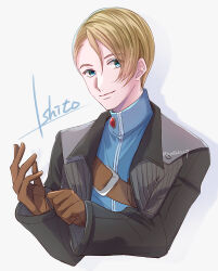 Rule 34 | 1boy, adjusting clothes, adjusting gloves, aqua eyes, black jacket, blonde hair, blue shirt, brown gloves, character name, chrono cross, closed mouth, commentary request, cropped torso, gloves, highres, jacket, long sleeves, looking at viewer, male focus, norris (chrono cross), open clothes, open jacket, shirt, short hair, simple background, smile, solo, twitter username, white background, yutohiroya