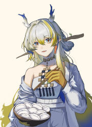 01252574 1girl absurdres arknights bare_shoulders blonde_hair blue_eyes blue_hair chinese_commentary chopsticks colored_extremities commentary_request dragon_girl dragon_horns earrings food grey_hair grey_jacket grey_tube_top hair_between_eyes highres holding holding_chopsticks horns jacket jewelry long_hair long_sleeves looking_at_viewer multicolored_hair necklace off_shoulder open_mouth pointy_ears shu_(arknights) simple_background smile solo strapless tube_top yellow_background