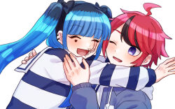 1boy 1girl ahoge amemiya_darumi black_hair blue_eyes blue_hair breasts closed_eyes face_piercing fingernails heart highres huge_breasts lip_piercing long_hair long_sleeves makeup messy_hair multicolored_eyes multicolored_hair one_eye_closed open_mouth piercing red_eyes red_hair runny_makeup shirt simple_background striped_clothes striped_shirt sumino_takumi the_hundred_line_-last_defense_academy- twintails upper_body white_background