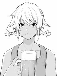 1girl absurdres alcohol bare_shoulders beer beer_mug collarbone cup dark-skinned_female dark_skin flying_witch greyscale highres holding holding_cup ishizuka_chihiro kowata_akane looking_at_viewer monochrome mug parted_lips shirt sidelocks simple_background sleeveless sleeveless_shirt solo swept_bangs twintails upper_body v-shaped_eyebrows white_background white_hair