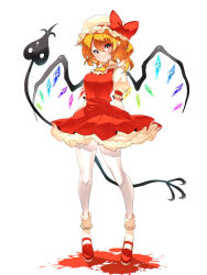 1girl ascot blonde_hair blood blood_on_ground blood_splatter blush bobby_socks bow bright_pupils closed_mouth collared_shirt crystal expressionless flandre_scarlet frilled_ascot frilled_shirt_collar frilled_skirt frilled_sleeves frills full_body hair_between_eyes hat hat_bow hat_ribbon highres laevatein_(touhou) mary_janes mob_cap one_side_up pantyhose puffy_short_sleeves puffy_sleeves red_bow red_eyes red_ribbon red_shoes red_skirt red_vest ribbon shirt shoes short_hair short_sleeves simple_background skirt skirt_set socks solo standing toconikky touhou v-shaped_eyebrows vest white_background white_hat white_pantyhose white_pupils white_shirt white_socks wings yellow_ascot