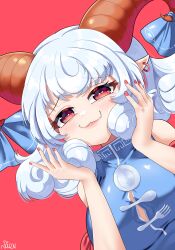 1girl :3 blue_dress curly_hair dress earrings fork highres holding holding_own_hair horizontal_pupils horn_ornament horn_ribbon horns jewelry nail_polish patterned_clothing pointy_ears red_eyes red_horns red_sleeves ribbon rion_(user_ufvg8527) sheep_horns short_hair signature smile spoon touhou toutetsu_yuuma