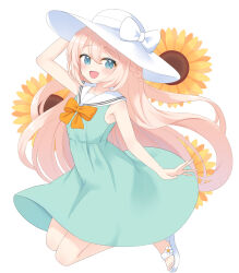1girl aqua_dress arm_up blue_eyes bow bowtie braid dress floral_background flower full_body furutori hair_between_eyes hat hat_bow highres jumping long_hair looking_at_viewer open_mouth orange_bow orange_bowtie original pink_hair sailor_collar sailor_dress sandals sidelocks sleeveless sleeveless_dress smile solo sun_hat sunflower very_long_hair white_background white_bow white_hat white_sailor_collar