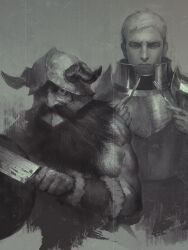 2boys armor beard dungeon_meshi dwarf facial_hair fake_horns fork helmet horns knife laios_touden male_focus monochrome multiple_boys muscular muscular_male rui_tomono senshi_(dungeon_meshi) shield wok