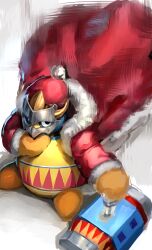 Rule 34 | 1boy, absurdres, coat, full body, gloves, highres, horned mask, king dedede, kirby (series), looking at viewer, male focus, mask, masked dedede, nintendo, pom pom (clothes), red coat, xue lian wa noel, yellow gloves