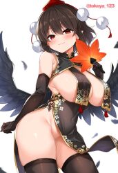 1girl alternate_costume bird_wings black_gloves black_hair black_thighhighs black_wings blush breast_curtains china_dress chinese_clothes closed_mouth commentary covered_erect_nipples covered_navel cowboy_shot daichi_(tokoya) dress elbow_gloves feathered_wings gloves hat hauchiwa highres looking_at_viewer no_panties pelvic_curtain pointy_ears pom_pom_(clothes) red_eyes red_hat revealing_clothes shameimaru_aya short_hair simple_background sleeveless sleeveless_dress smile solo thighhighs tokin_hat touhou white_background wings