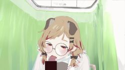 Rule 34 | 1boy, 1girl, animal ears, animated, animated gif, bien (user xxch3875), black-framed eyewear, black bow, blush, bow, brown hair, censored, commentary request, curtains, dog ears, dress, extra ears, fellatio, glasses, hetero, indoors, licking, licking penis, looping animation, medium hair, mosaic censoring, multicolored hair, nanashi inc., non-repeating animation, nurse, open mouth, oral, penis, red eyes, round eyewear, seshima rui, solo focus, tongue, tongue out, two-tone hair, upper body, virtual youtuber, white dress