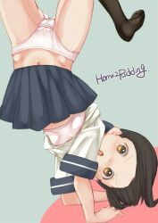 Rule 34 | 1girl, black socks, blue background, blue sailor collar, blue skirt, blush, bra, brown hair, commentary request, foot out of frame, fubuki (kancolle), hair down, handstand, highres, kantai collection, kneehighs, looking at viewer, midriff, navel, open mouth, panties, pink bra, pink panties, pleated skirt, puddinghomhom, red background, sailor collar, school uniform, serafuku, shirt, short sleeves, signature, simple background, skindentation, skirt, socks, solo, training bra, underwear, upside-down, white shirt, wide-eyed, yellow eyes