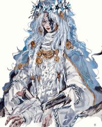 1girl blue_capelet blue_eyes braid capelet cracked_skin crossed_arms doll_joints dress elden_ring elden_ring_nightreign hi_(fruberry01) highres jewelry joints long_hair looking_down low_twin_braids makeup one-eyed red_lips revenant_(elden_ring) signature sitting skull solo twin_braids upper_body veil white_background white_dress white_hair white_veil