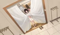 1girl absurdres ass azur_lane barefoot bikini black_hair blush bow breasts brown_shoes changing_room cleavage covering_breasts covering_privates detached_collar frilled_bikini frills full_body hair_bow highres large_breasts long_hair looking_at_viewer mirror navel non-web_source official_art pink_bikini pink_bow reflection shoes solo swimsuit trinidad_(azur_lane) trinidad_(trapper_in_the_changing_room)_(azur_lane) under_covers unworn_shoes