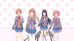 4girls :d :t alternate_hair_color ankle_socks annoyed arm_behind_back arms_at_sides black_hair blazer blue_eyes blue_skirt blush bow breasts brown_hair brown_sweater_vest buttons clenched_hands closed_mouth collared_shirt commentary concept_art curled_fingers doki_doki_literature_club doki_doki_literature_club_plus doki_doki_literature_club_school_uniform double-parted_bangs dress_shirt embarrassed english_commentary eyebrows_hidden_by_hair feet_out_of_frame flat_chest floating_hair frown game_cg green_eyes grey_jacket grin hair_bow hair_ornament hair_ribbon hairclip half-closed_eyes hand_on_own_chest head_tilt high_ponytail highres jacket kagefumi kneehighs lineup long_hair long_sidelocks long_sleeves looking_at_viewer medium_breasts miniskirt monika_(doki_doki_literature_club) multiple_girls natsuki_(doki_doki_literature_club) neck_ribbon non-web_source official_art open_clothes open_hand open_hands open_jacket open_mouth parted_bangs parted_lips pink_eyes pink_hair pleated_skirt polka_dot polka_dot_background ponytail pout production_art purple_eyes raised_eyebrows red_bow red_ribbon ribbon sayori_(doki_doki_literature_club) school_uniform shadow shirt short_hair shy side-by-side sidelocks sketch skirt small_breasts smile socks straight-on sweater_vest tareme teeth thighhighs two_side_up upper_teeth_only v-neck v-shaped_eyebrows white_background white_bow white_shirt white_socks white_thighhighs wide-eyed x_hair_ornament yuri_(doki_doki_literature_club) zettai_ryouiki