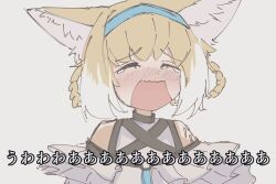 1girl animal_ears arknights bare_shoulders blonde_hair blue_hairband blush braid braided_hair_rings chest_belt closed_eyes commentary_request crying facing_viewer fox_ears fox_girl furrowed_brow hair_rings hairband highres nini_(ninirakugaki) nose_blush open_mouth shirt short_hair simple_background sleeveless sleeveless_shirt solo subtitled suzuran_(arknights) translated upper_body white_background white_shirt