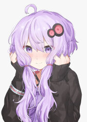Rule 34 | 1girl, ahoge, black jacket, blush, closed mouth, commentary request, criss-cross halter, double-parted bangs, eyes visible through hair, grey background, hair between eyes, hair ornament, hair tie, halterneck, hands in own hair, hands on own cheeks, hands on own face, highres, jacket, kirima (zs at ), long sleeves, nose blush, open clothes, open jacket, puffy long sleeves, puffy sleeves, purple shirt, raised inner eyebrows, shirt, short hair with long locks, sidelocks, simple background, sleeves past wrists, smile, solo, vocaloid, voiceroid, yuzuki yukari