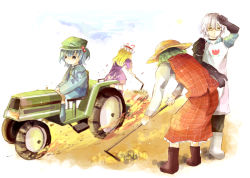 1boy 3girls bad_id bad_pixiv_id blonde_hair blue_hair boots farm farming glasses gloves hair_bobbles hair_ornament hat hat_ribbon hoe ichitaro kawashiro_nitori kazami_yuuka key long_hair morichika_rinnosuke multiple_girls plaid_clothes plaid_skirt plaid_vest ribbon silver_hair skirt skirt_set straw_hat touhou tractor twintails vest worktool yakumo_yukari