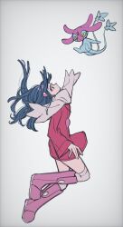 1girl black_hair boots dawn_(pokemon) dress enekonoshippo27 gen_4_pokemon hair_ornament hairpin legendary_pokemon long_hair looking_up mesprit nintendo pink_boots pokemon pokemon_(creature) pokemon_dppt pokemon_platinum red_dress scarf white_background white_scarf