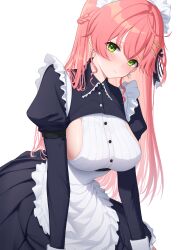Rule 34 | 1girl, apron, black dress, black ribbon, blush, braid, breasts, closed mouth, collared dress, commentary, dress, earrings, flower earrings, frilled apron, frills, green eyes, hair ornament, hair ribbon, hairclip, head tilt, highres, hololive, jdnyang, jewelry, large breasts, long hair, long sleeves, looking at viewer, maid, maid apron, maid headdress, pink hair, ribbon, sakura miko, sideboob, simple background, solo, virtual youtuber, waist apron, white apron, white background