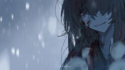 1boy black_hair black_hanfu blood blood_in_hair blood_on_clothes blood_on_face blood_on_neck blurry ch189615 chinese_clothes chinese_commentary coat collarbone crying crying_with_eyes_open dao_gui_yi_xian hair_over_one_eye hanfu highres injury li_huowang long_hair looking_at_viewer male_focus messy_hair parted_lips rain red_coat red_eyes shade smile snow snowing solo sparkle tears upper_body