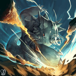 commentary_request debris drill gen_1_pokemon highres horns looking_at_viewer nintendo no_humans pokemon pokemon_(creature) punching red_eyes rhydon sa-dui signature single_horn