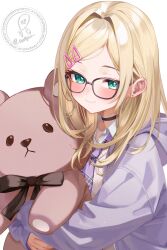absurdres black-framed_eyewear black_choker blonde_hair choker collared_shirt green_eyes hair_ornament hairclip highres holding_teddy_bear jacket kurumi_noah long_hair necktie purple_jacket purple_necktie shirt simple_background smallpine_7 vspo! white_background white_shirt