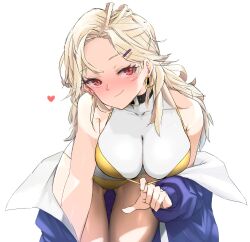 1girl absurdres alternate_costume bikini bikini_tug black_choker blonde_hair blue_jacket blush breasts choker cleavage closed_mouth collarbone commentary covered_collarbone cowboy_shot earrings ein_(nikke) eyelashes gluteal_fold goddess_of_victory:_nikke gold_bikini hair_ornament hairclip heart highres hoop_earrings jacket jewelry kneeling leotard leotard_under_clothes long_hair looking_at_viewer medium_breasts o-ring o-ring_choker off_shoulder open_clothes open_jacket parted_bangs red_eyes simple_background smile smirk solo swimsuit white_background white_leotard zenisu