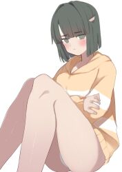 Rule 34 | 1girl, blunt bangs, blunt ends, blush, bob cut, breasts, closed mouth, commentary, crossed arms, don quijote (store), feet out of frame, green eyes, green hair, hair intakes, hair ornament, hood, hoodie, link! like! love live!, looking at viewer, love live!, medium breasts, momose ginko, no pants, official alternate costume, panties, short hair, simple background, sitting, solo, soyo1558686, triangle hair ornament, underwear, virtual youtuber, white background, white panties, yellow hoodie