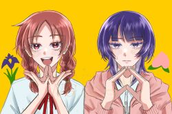 2girls :d blunt_bangs blush braid collared_shirt colored_eyelashes commentary dress_shirt eyelashes flower food fruit fujii_ayame futsuu_no_keion-bu highres hood hood_down hooded_jacket jacket long_hair long_sleeves mole mole_under_eye multiple_girls name_connection neck_ribbon object_namesake open_clothes open_jacket open_mouth own_hands_together parted_bangs peach pink_jacket purple_eyes purple_hair red_eyes red_hair red_ribbon ribbon school_uniform shirt side-by-side smile summer_uniform teeth tgc225_momen twin_braids twintails uchida_momo upper_teeth_only watermark white_shirt wing_collar wolf_cut yellow_background