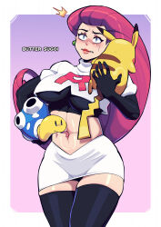 1girl artist_name black_gloves black_thighhighs blue_eyes breasts butter_sugoi commentary cowboy_shot creatures_(company) crop_top earrings elbow_gloves game_freak gen_1_pokemon gen_2_pokemon gloves highres holding holding_pokemon impossible_clothes impossible_shirt jessie_(pokemon) jewelry large_breasts licking licking_navel long_hair miniskirt nintendo pikachu pokemon pokemon_(anime) pokemon_(classic_anime) pokemon_(creature) red_hair shirt shuckle skirt surprised thighhighs very_long_hair white_shirt zettai_ryouiki