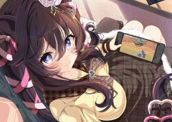 Rule 34 | 1girl, absurdres, animal ears, blue eyes, brown hair, commentary request, from above, handheld game console, heart, heart in eye, highres, holding, holding handheld game console, horse ears, horse girl, horse tail, juri-arima, long hair, looking at viewer, mario (series), mario kart, mario kart world, nintendo, nintendo switch 2, smile, solo, symbol in eye, tail, umamusume, vivlos (umamusume)