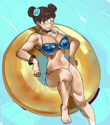 1girl absurdres aesland3 bikini blue_bikini bracelet breasts brown_hair capcom chun-li cup double_bun drink drinking drinking_straw hair_bun highres inflatable_toy jewelry large_breasts pool smile solo street_fighter swimsuit