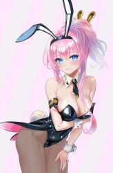 1girl bare_shoulders black_leotard blue_eyes breasts cleavage collarbone covered_erect_nipples covered_navel detached_collar highres large_breasts leotard megurine_luka pantyhose pink_hair playboy_bunny rabbit_tail smile solo tail vocaloid yukihane_(snowowl515)