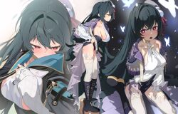 1girl absurdres adjusting_clothes adjusting_shorts arm_under_breasts beret blue_shorts boots breasts bright_pupils character_request commentary_request copyright_request cross-shaped_pupils detached_sleeves green_hair grey_hat hair_between_eyes hat hat_ribbon high-waist_shorts highres knee_boots korean_commentary large_breasts long_hair long_sleeves multiple_views overskirt purple_boots red_eyes red_ribbon ribbon shirt shorts sideboob sideless_shirt symbol-shaped_pupils tanghulu_(bbbb1123112) thighhighs very_long_hair white_pupils white_shirt white_sleeves white_thighhighs