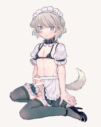 1boy alternate_costume animal_ears apron bar_censor black_bra black_thighhighs blonde_hair blush bra censored commentary_request crossdressing dog_boy dog_ears dog_tail enmaided erection hair_between_eyes high_heels highres kneeling kuchiba_naruomi looking_at_viewer maid male_focus navel nie_no_machi noto_(uterus_tntn) penis puffy_short_sleeves puffy_sleeves short_hair short_sleeves smile tail testicles thighhighs trap underwear waist_apron white_background