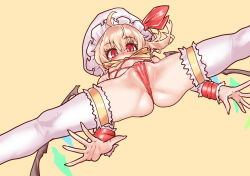 1girl ahoge ass blonde_hair blush cameltoe crystal_wings flandre_scarlet flat_chest from_below groin groin_tendon harness hat looking_at_viewer mersoleil03 mob_cap red_eyes revealing_clothes short_hair simple_background solo spread_legs thighhighs touhou touhou_tag_dream wrestling_outfit yellow_background