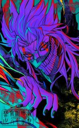 1boy black_nails clenched_teeth colored_skin commentary_request dandadan facial_mark gakuran glasses highres long_hair long_sleeves looking_at_viewer male_focus mask mouth_mask purple_hair purple_skin red_eyes rei_(poro06625649) round_eyewear school_uniform solo takakura_ken_(dandadan) takakura_ken_(transformed)_(dandadan) teeth transformation upper_body