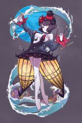 1girl absurdres baniran_dorosu bare_shoulders bird black_dress black_hair breasts commentary dress fate/grand_order fate_(series) flower full_body hair_flower hair_ornament highres katsushika_hokusai_(fate) katsushika_hokusai_(third_ascension)_(fate) medium_breasts short_hair simple_background solo water white_bird