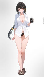 1girl bear_slippers black_hair black_panties bow bow_panties breasts collarbone collared_shirt commentary cup english_commentary female_rover_(wuthering_waves) full_body hair_ornament hair_ribbon hairclip haruyuki_(karem) highres holding holding_cup looking_at_viewer medium_breasts mug panties parallel_hairclips partially_unbuttoned ponytail ribbon rover_(wuthering_waves) shirt simple_background slippers solo standing twitter_username underwear white_background white_shirt wuthering_waves yellow_eyes yellow_ribbon