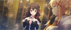 Rule 34 | 2girls, armor, black gloves, black shirt, blonde hair, blouse, blue eyes, boobplate, bow, braid, breastplate, breasts, brick wall, brown hair, cleavage cutout, clothing cutout, crossed bangs, crown braid, darkness (konosuba), furrowed brow, game cg, gloves, hair between eyes, hair bow, hair ornament, hair over shoulder, hair ribbon, hand on own chin, hands up, highres, index fingers together, indoors, kono subarashii sekai ni shukufuku wo!, konosuba! fantastic days, large breasts, light blush, long hair, long sleeves, looking at another, low twintails, multiple girls, neck ribbon, necktie, official art, open mouth, pauldrons, pink necktie, red bow, red eyes, red ribbon, ribbon, shirt, short necktie, shoulder armor, single pauldron, sparkle, stroking own chin, twintails, window, wispy bangs, x hair ornament, yunyun (konosuba)