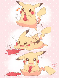 &gt;_&lt; :3 artist_name bottle closed_eyes closed_mouth commentary_request crying fallen_down gen_1_pokemon highres holding holding_bottle ketchup_bottle licking motion_lines mugita_konomi musical_note nintendo no_humans open_mouth pikachu pink_background pokemon pokemon_(creature) polka_dot polka_dot_background red_eyes spill streaming_tears tears tongue tongue_out