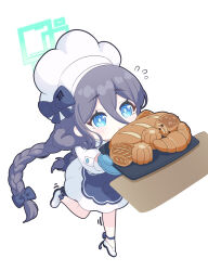 1girl absurdres alternate_costume alternate_hairstyle aqua_halo aris_(blue_archive) baguette blue_archive blue_eyes bow braid bread bright_pupils chef_hat chibi chibi_only commentary_request dress flying_sweatdrops food full_body halo hancho hat hat_bow highres shoes simple_background solo twin_braids white_background white_dress white_hat white_pupils white_shoes